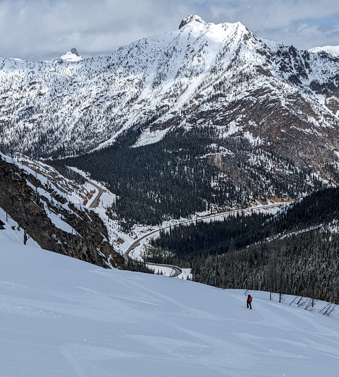 Skiing back down to the Highway 20 hairpin